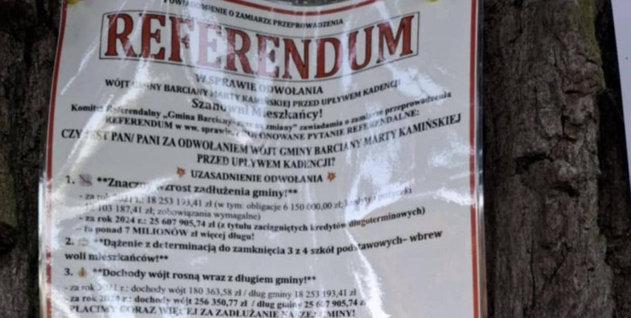 Plakaty przybite do drzew. Czy wobec akcji rozpoczętej od złamania prawa, można zaufać inicjatorom referendum w Barcianach? Fot. Nadesłane
